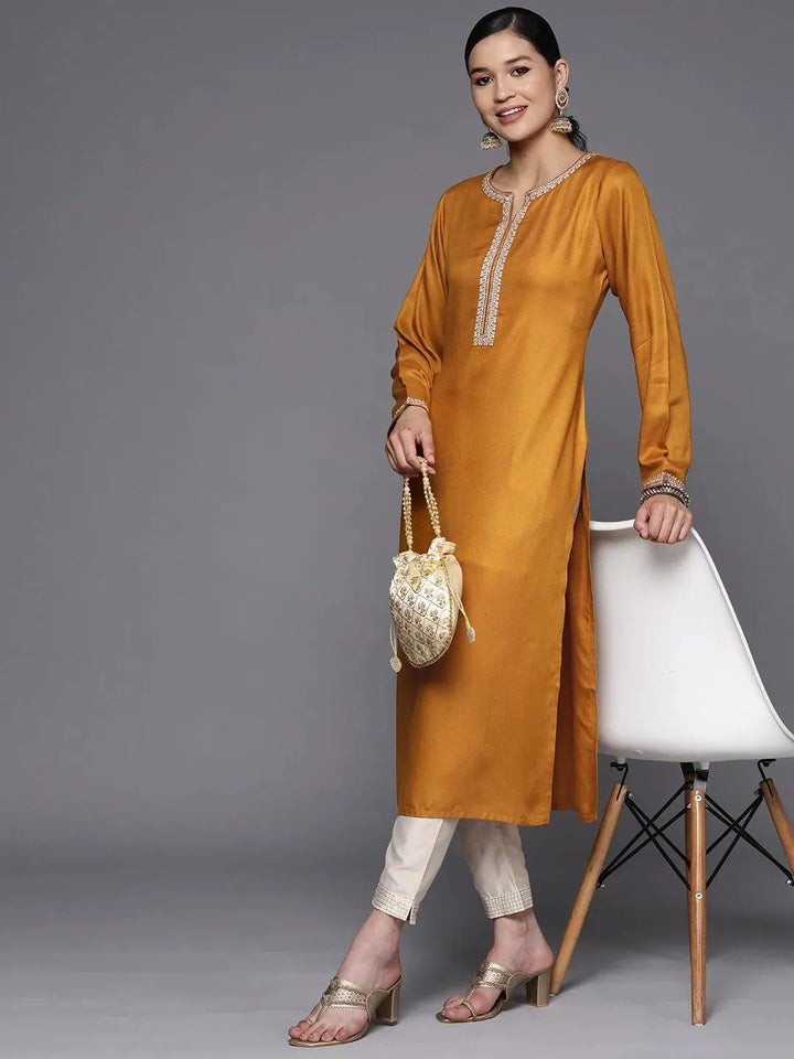 Mustard Embroidered Wool Straight Kurta - Libas