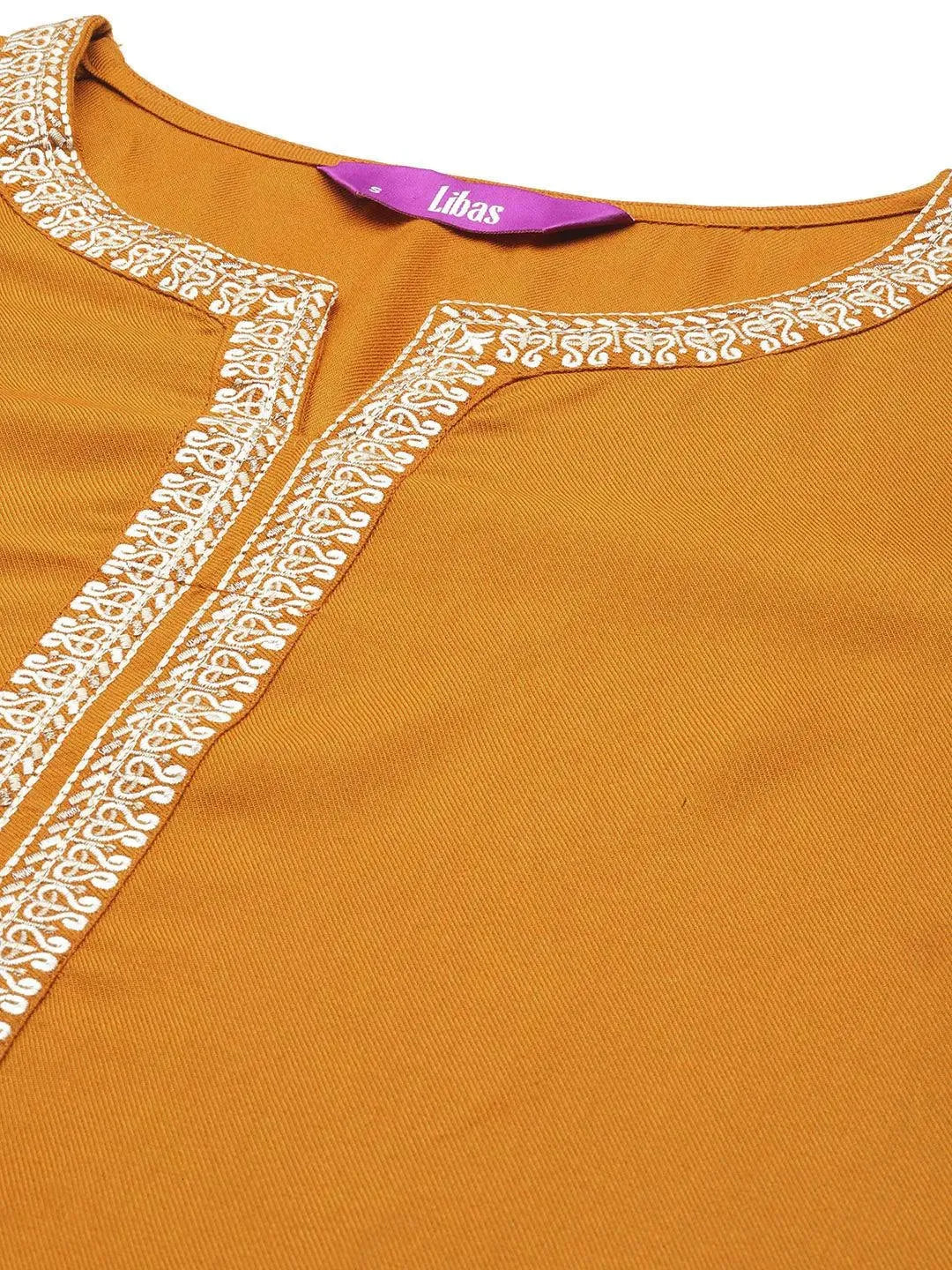 Mustard Embroidered Wool Straight Kurta - Libas 