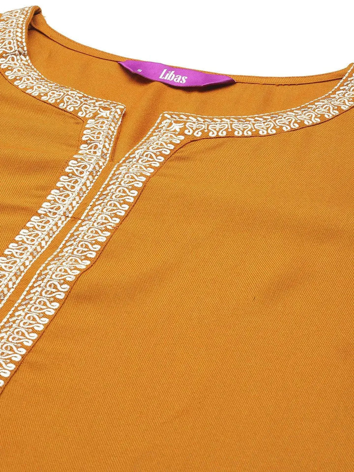 Mustard Embroidered Wool Straight Kurta - Libas