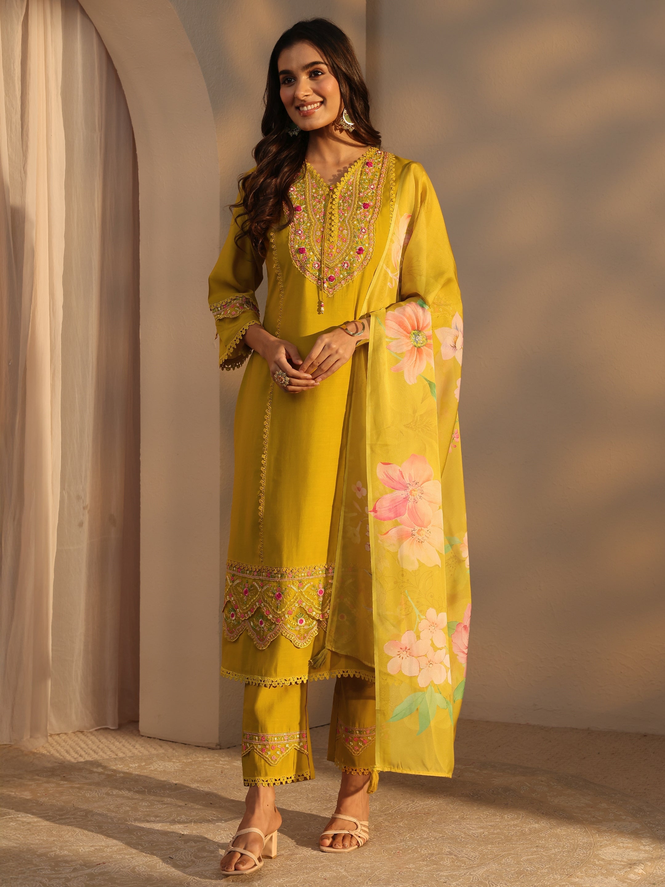 libas Mustard Ethnic Embroidered Silk Blend A-Line Suits Set With Dupatta-picture-41