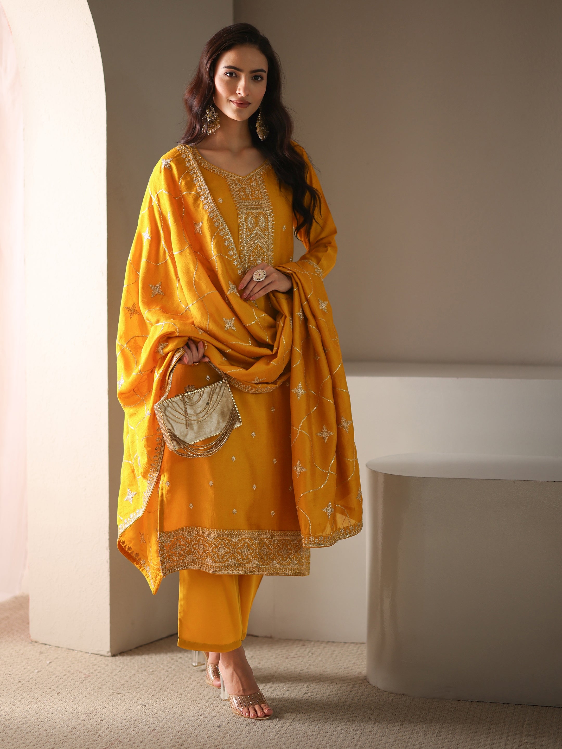 libas Mustard Ethnic Embroidered Silk Blend Straight Suit Set With Dupatta-picture-51