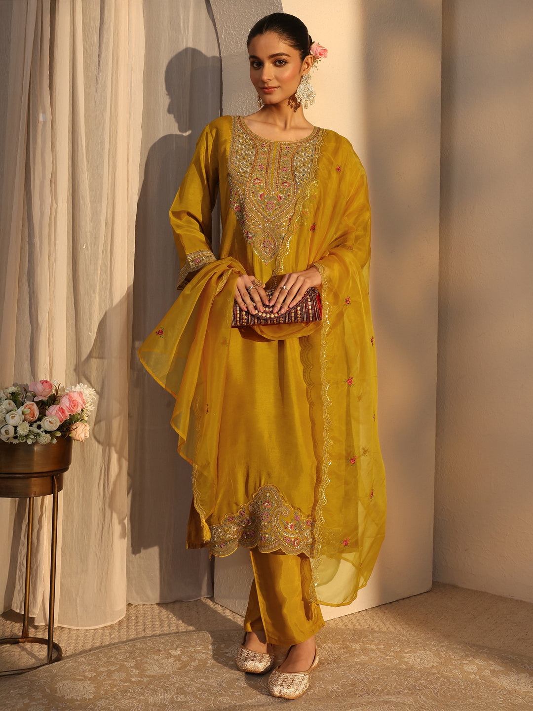 Mustard Ethnic Embroidered Silk Blend Straight Suits Set With Dupatta