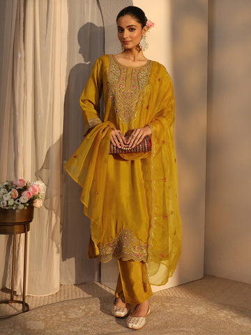 Mustard Ethnic Embroidered Silk Blend Straight Suits Set With Dupatta