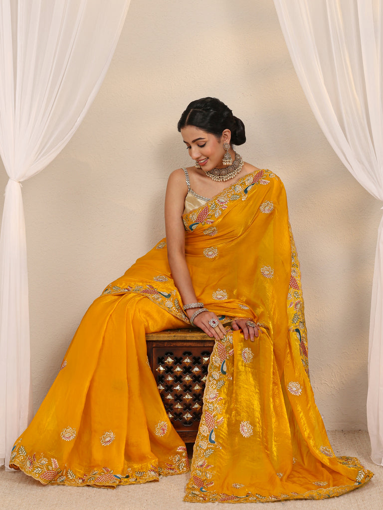 Libas Mustard Ethnic Embroidered Tissue Saree With Unstitched Blouse Piece