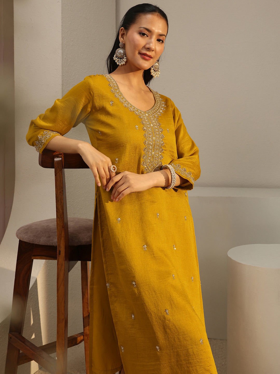 Mustard Ethnic Motif Beads Embellished Straight Kurta With Lining 