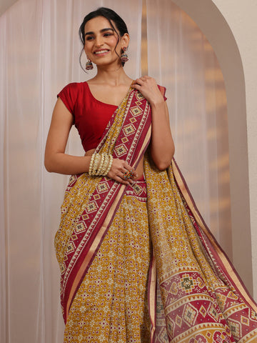Mustard Ethnic Motif Printed Silk Blend Saree With Unstitched Blouse Piece