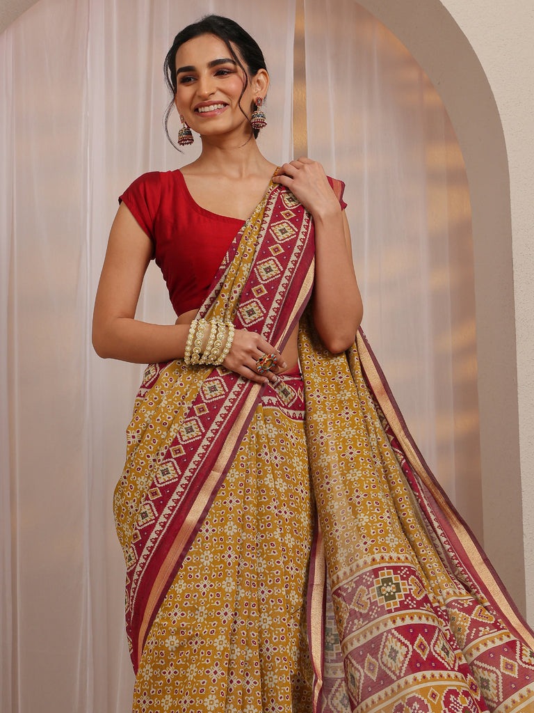 Libas Mustard Ethnic Motif Printed Silk Blend Saree With Unstitched Blouse Piece