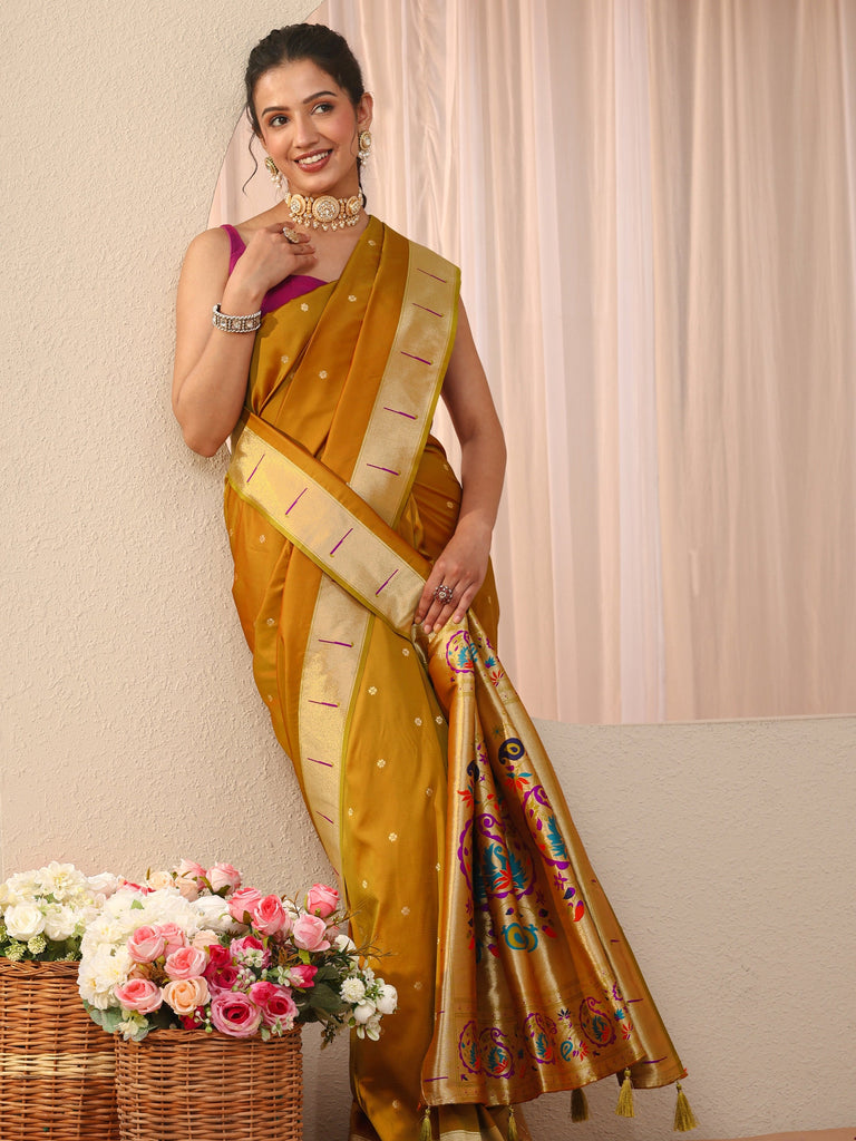 Libas Mustard Silk Blend Paithani Saree