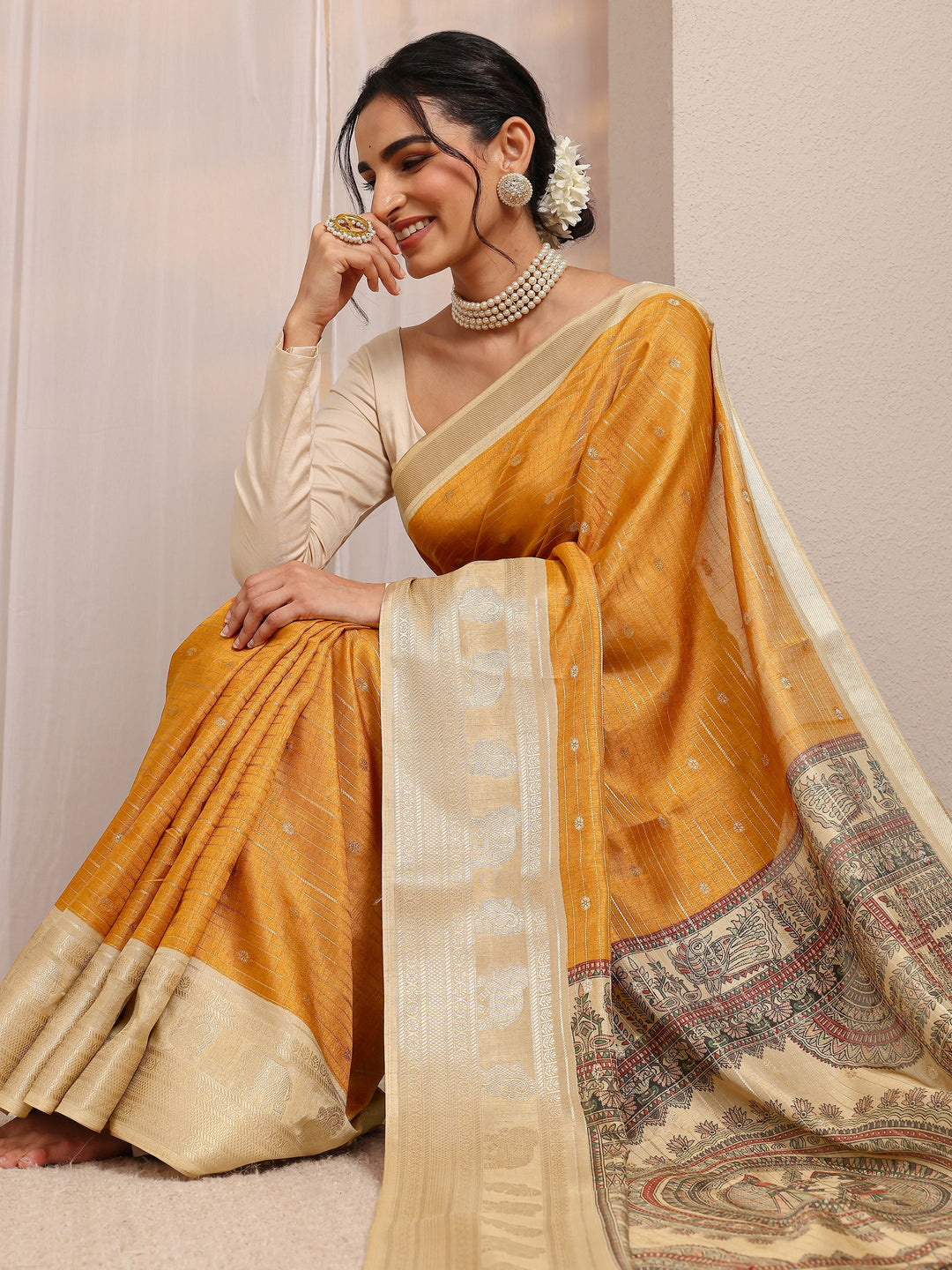 Mustard Ethnic Motif Woven Design Silk Blend Saree With Unstitched Blouse Piece