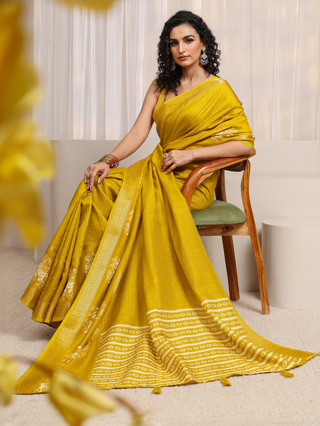 Mustard Ethnic Motif Woven Design Silk Blend Saree 
With Unstitched Blouse Piece