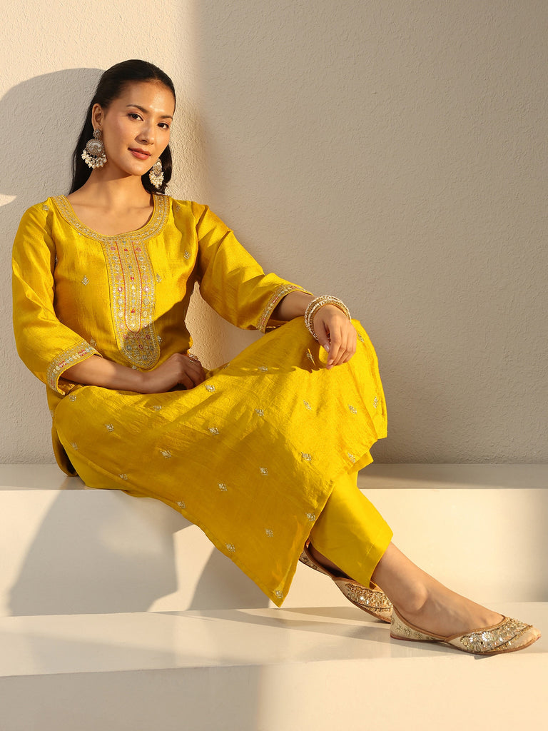 Libas Mustard Ethnic Embroidered Silk Blend Straight Kurta
