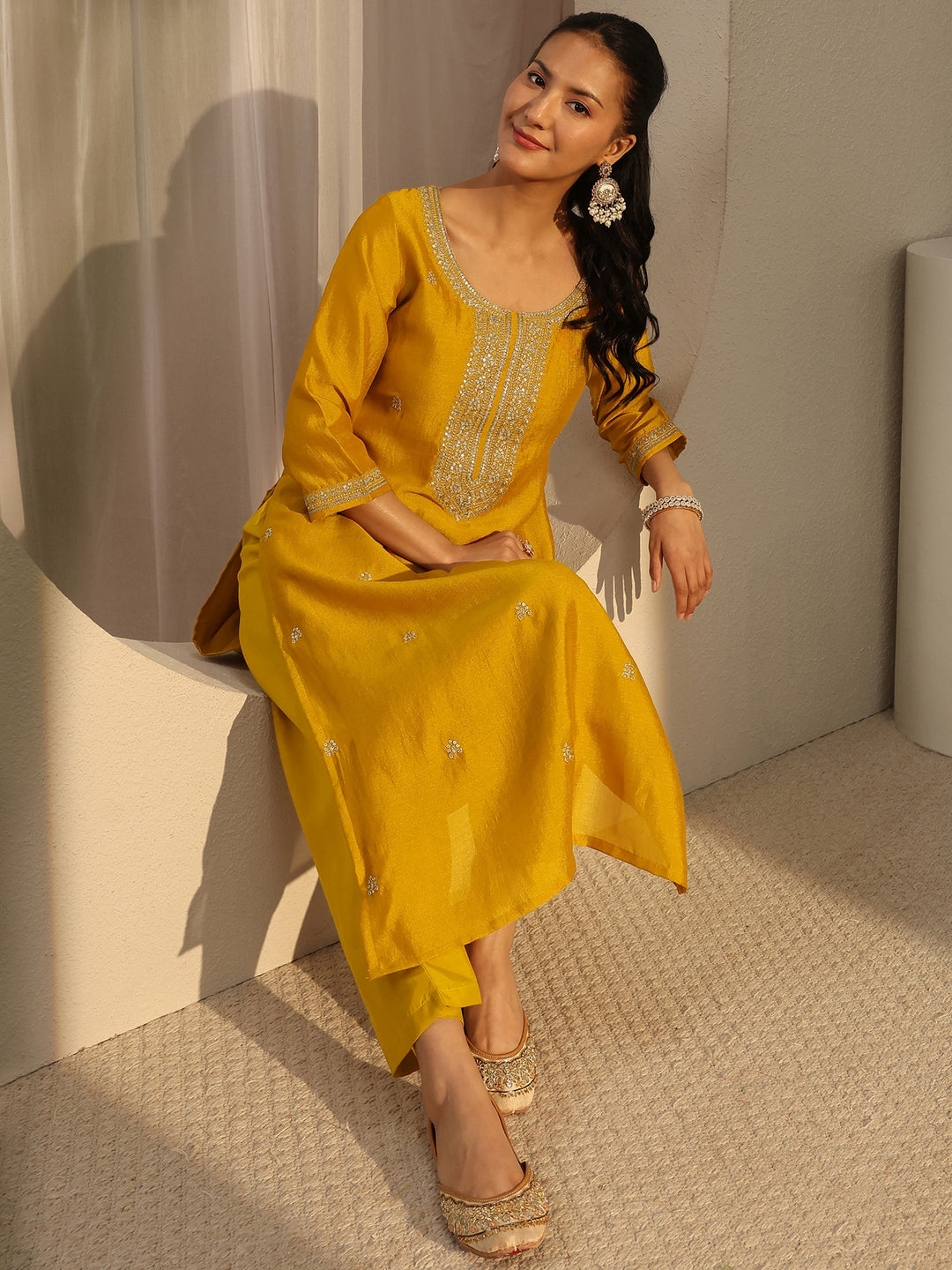  Mustard Ethnic Motif Zari Embroidered Straight Kurta With Lining 