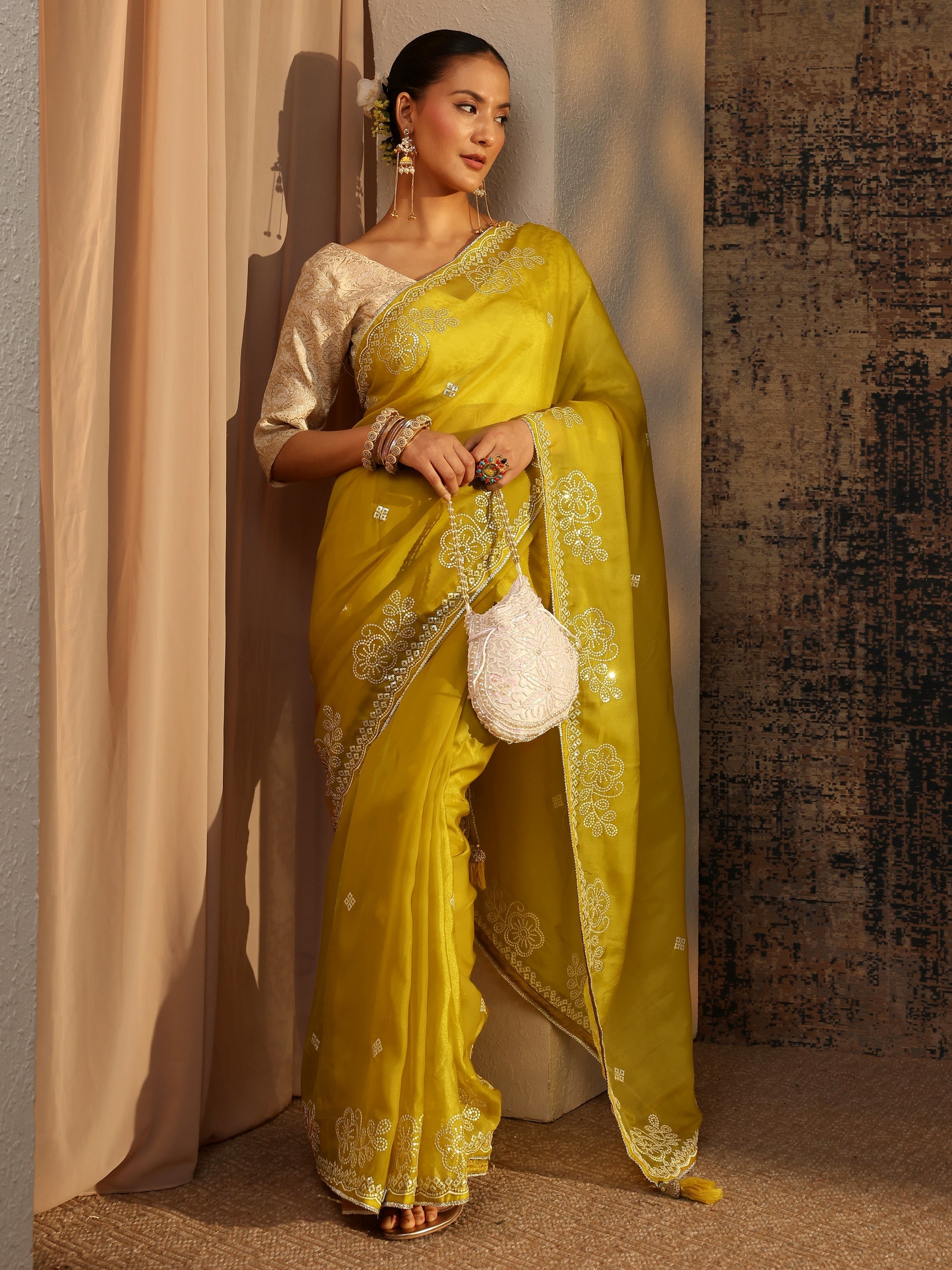 libas Mustard Ethnic Motifs Embellished Tissue Saree With Unstitched Blouse Piece-picture-22