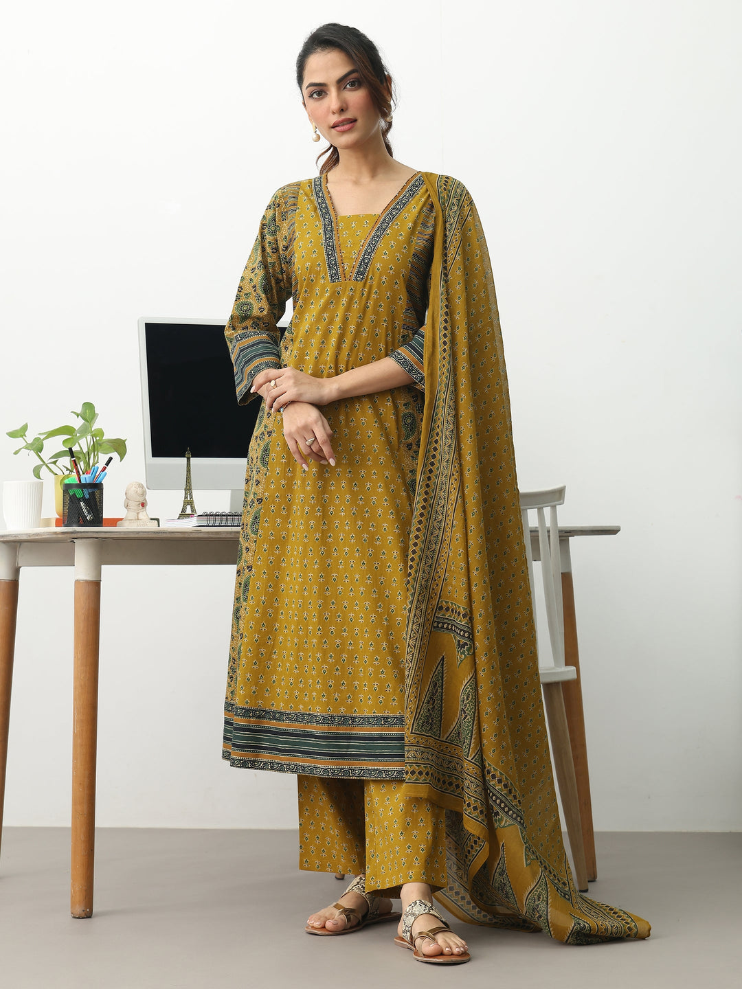  Mustard Ethnic Motifs Printed Cotton Blend A-Line Suit Set With Dupatta 