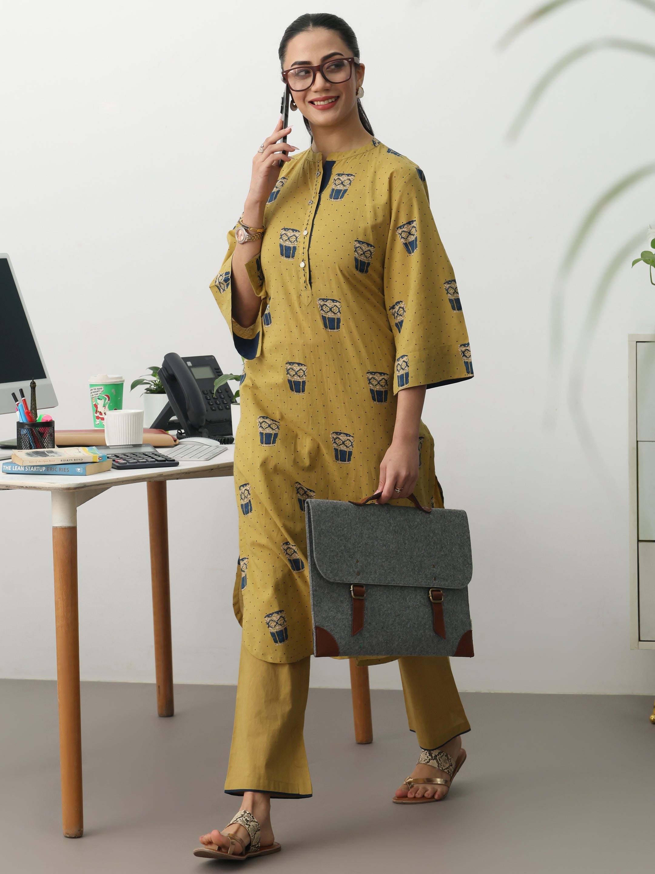 libas Mustard Ethnic Motifs Printed Cotton Blend Straight Kurta Set-picture-23