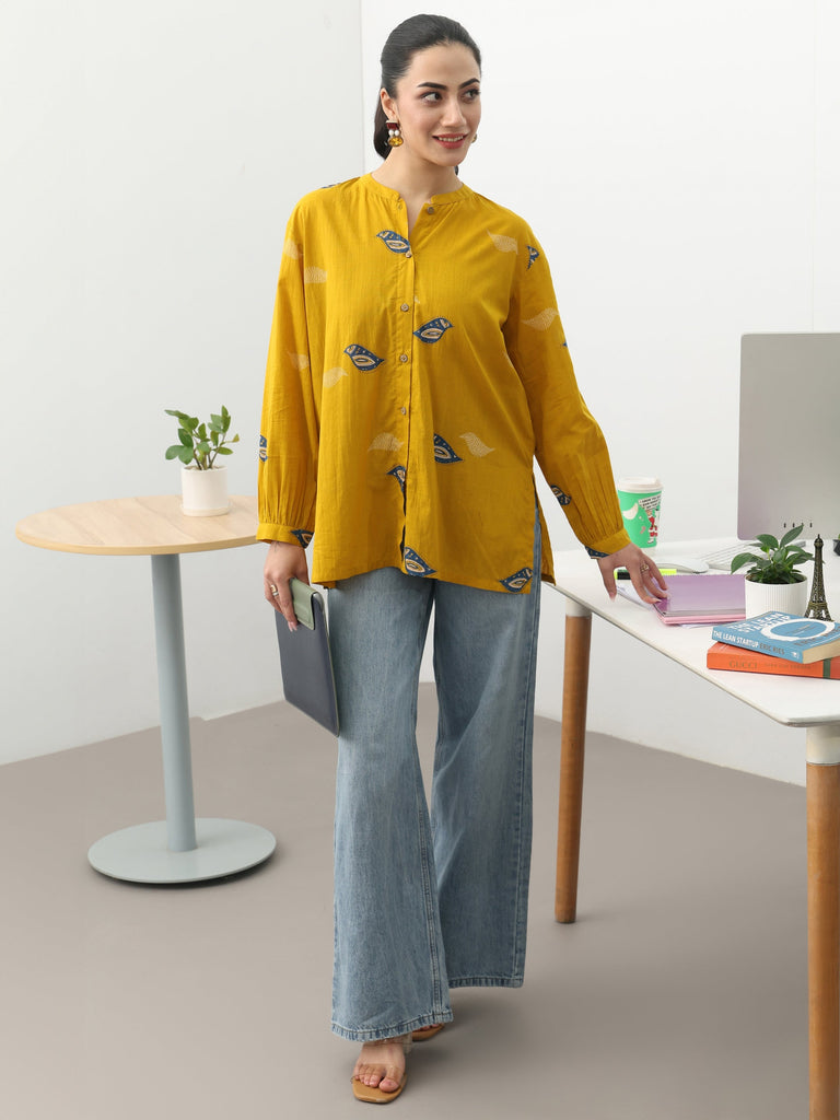 Gerua Mustard Ethnic Motifs Printed Cotton Blend Shirt