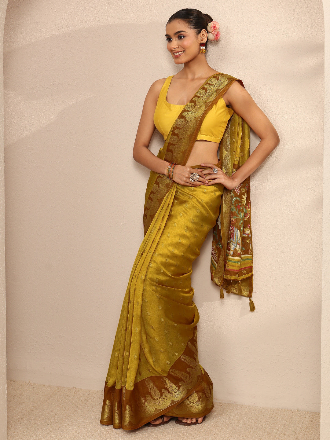  Mustard Ethnic Motifs Printed Silk Blend Saree With Unstitched Blouse Piece 