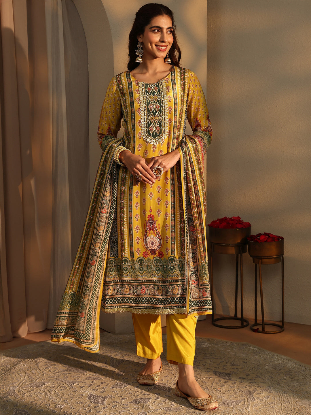  Mustard Ethnic Motifs Printed Silk Crepe Straight Suit Set With Dupatta 