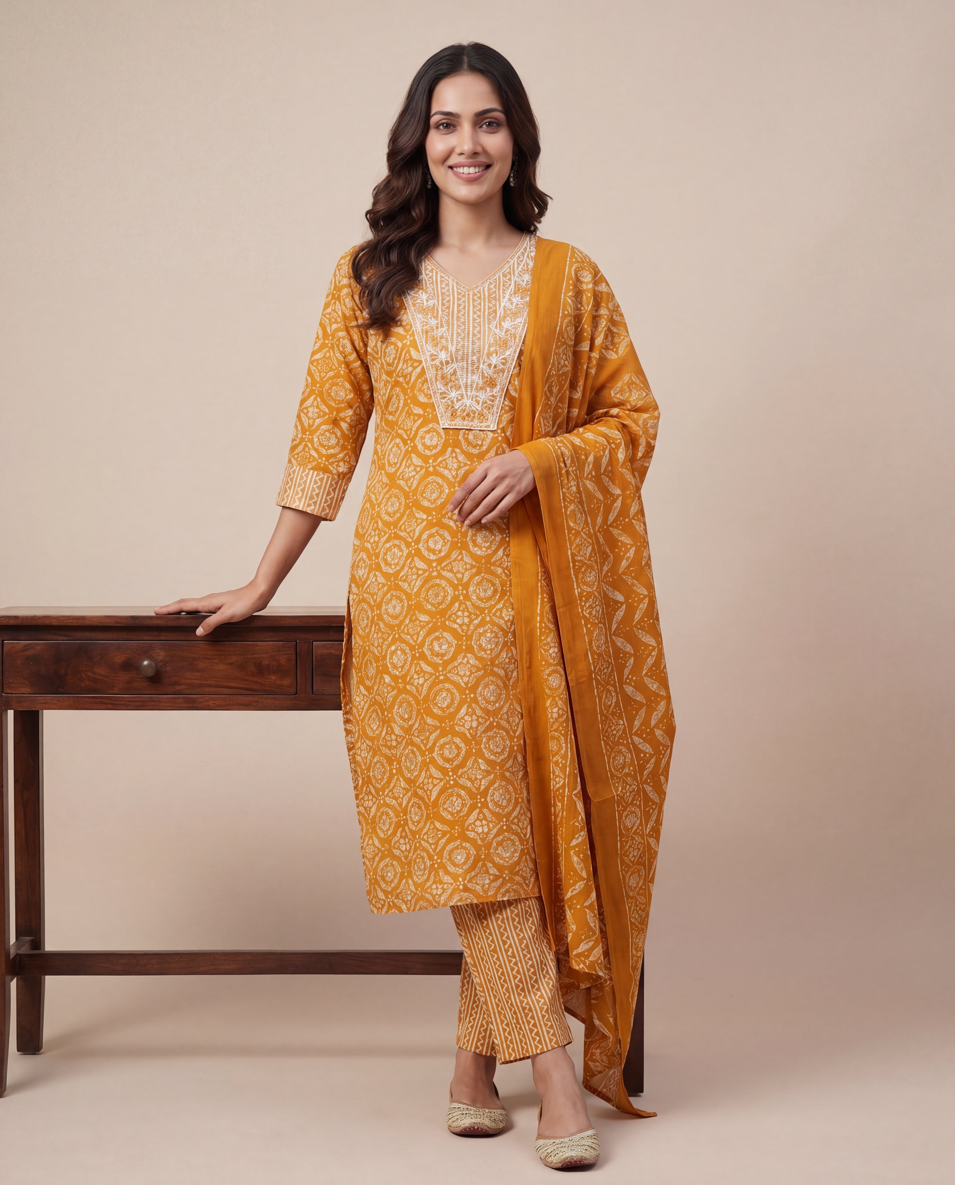 libas Mustard Ethnic Printed Cotton Blend Straight Suit Set With Dupatta-picture-37