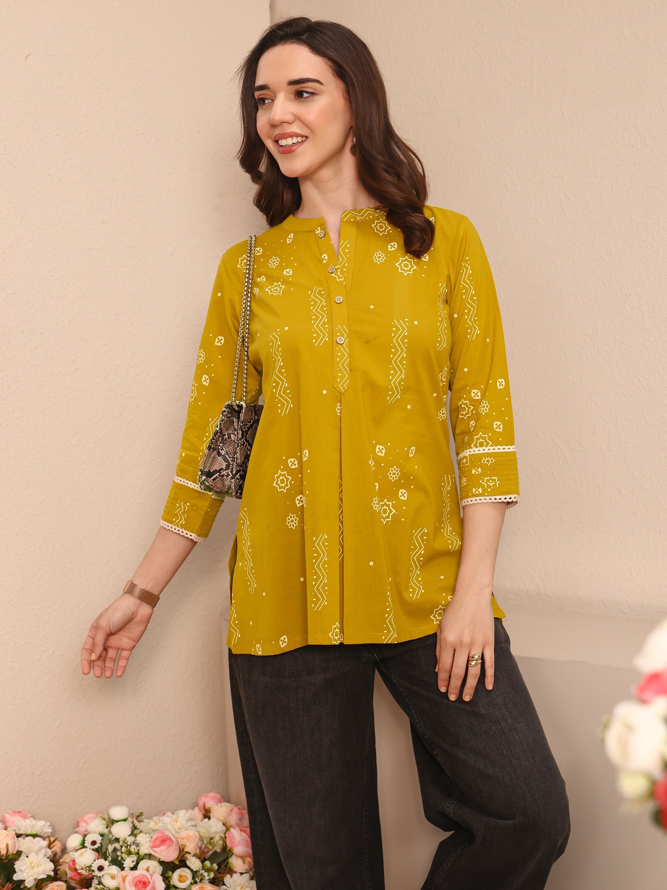 Mustard Ethnic Printed Cotton Straight Short Kurti-image-30