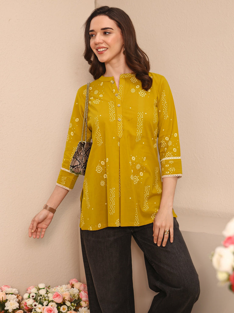 Libas Mustard Ethnic Printed Cotton Straight Short Kurti