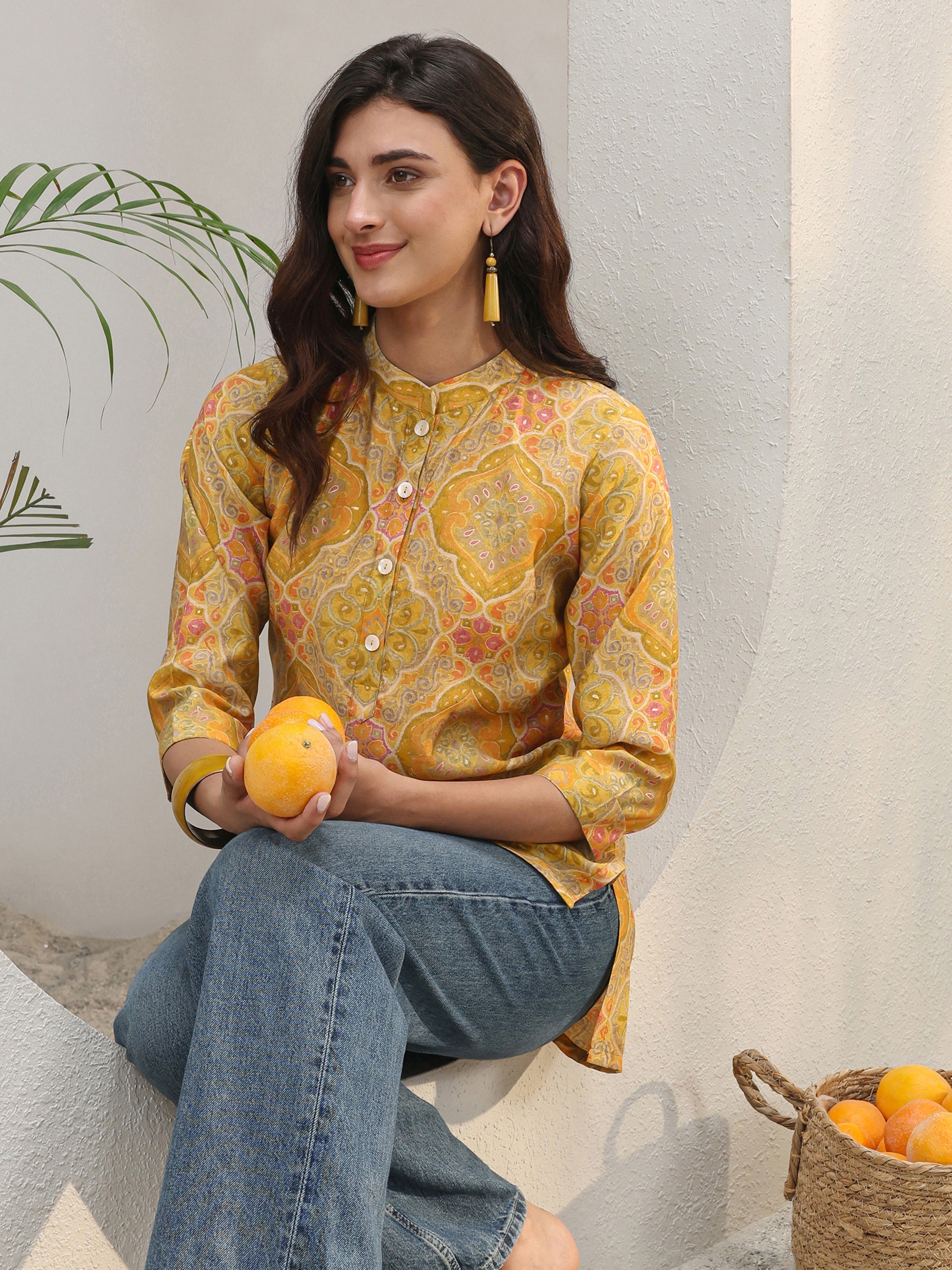 Libas Mustard Ethnic Printed Silk Blend Straight Short Kurti-picture-28
