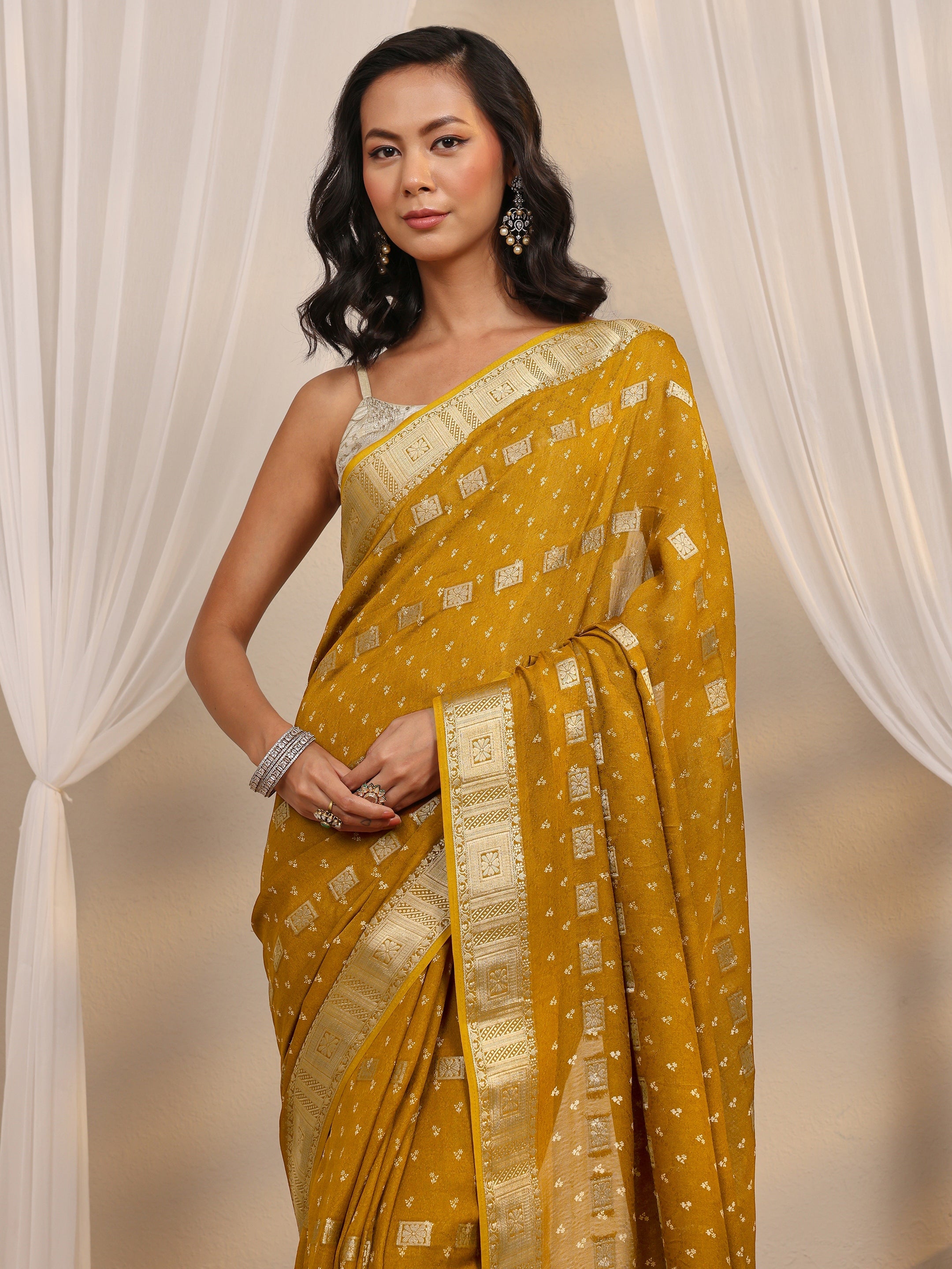 libas Mustard Ethnic Woven Design Silk Blend Saree With Unstitched Blouse Piece-picture-34
