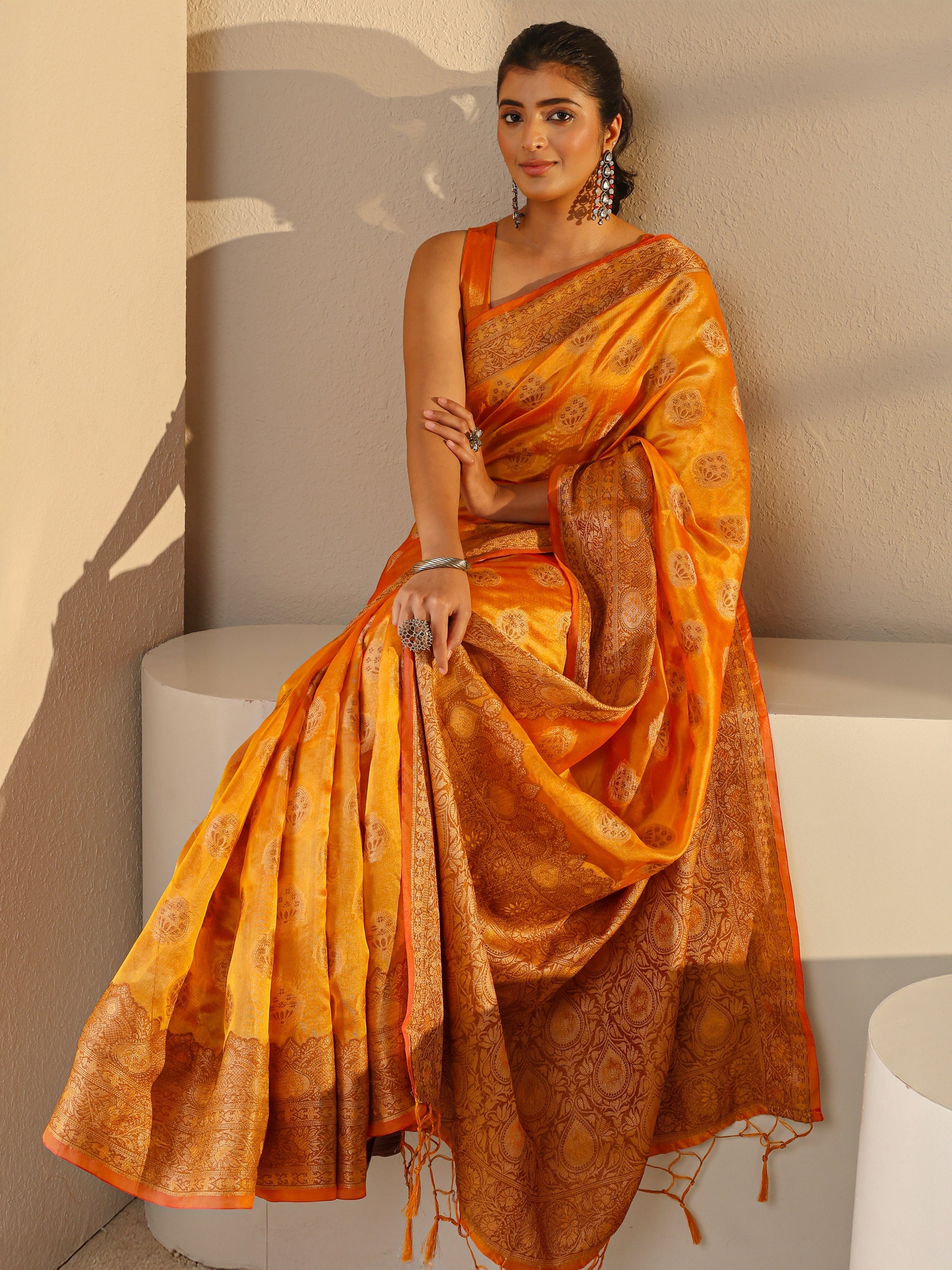 libas Mustard Ethnic Woven Design Silk Blend Saree With Unstitched Blouse Piece-picture-43
