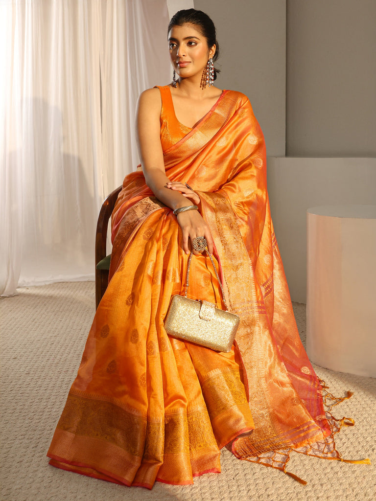 Libas Mustard Ethnic Woven Design Silk Blend Saree With Unstitched Blouse Piece