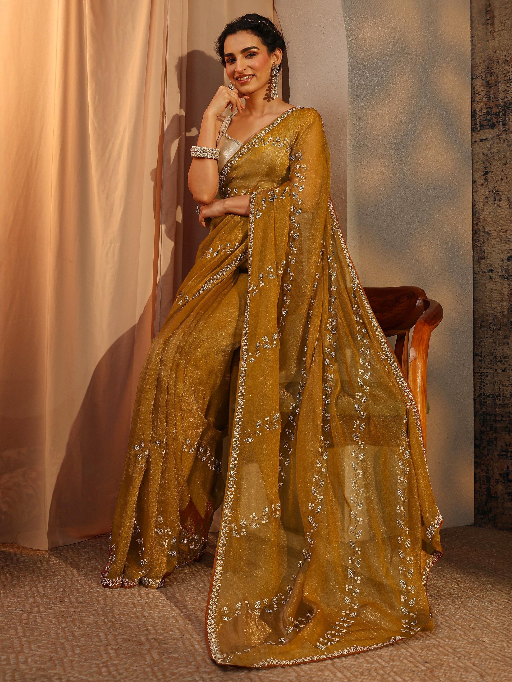 libas Mustard Floral Embellished Tissue Saree With Unstitched Blouse Piece-picture-13