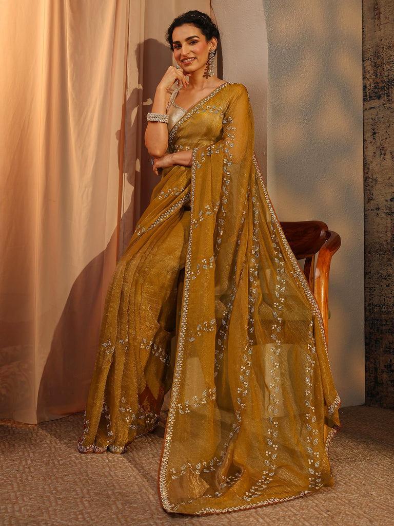 Libas Mustard Floral Embellished Tissue Saree With Unstitched Blouse Piece