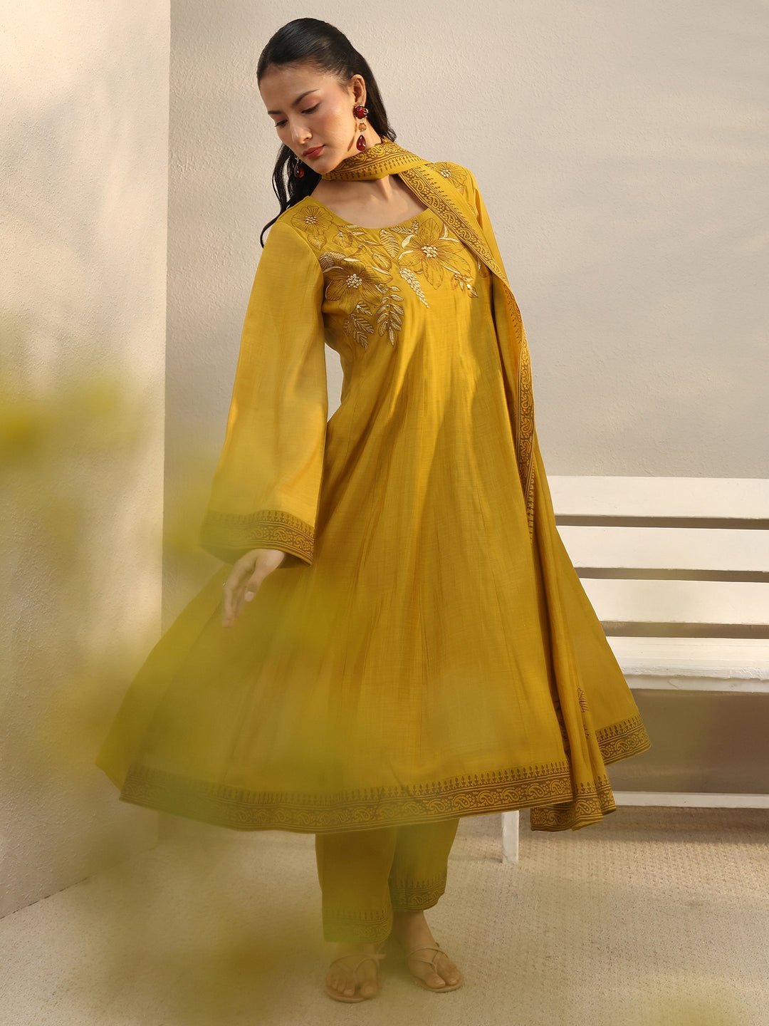  Mustard Floral Embroidered Chanderi Silk A-Line Suit Set 