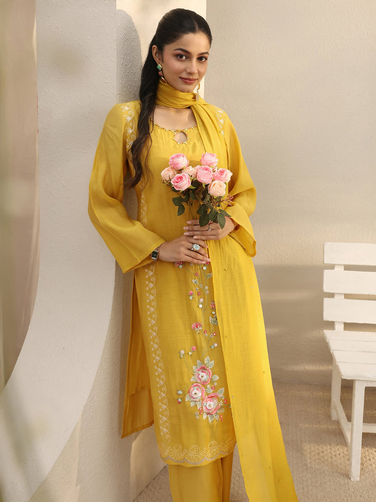 Libas Mustard Floral Embroidered Chanderi Silk Straight Suit Set