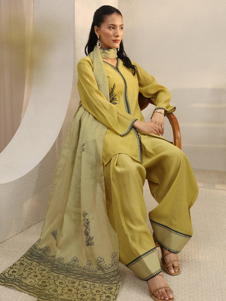 Libas Mustard Floral Embroidered Chanderi Silk Straight Suit Set