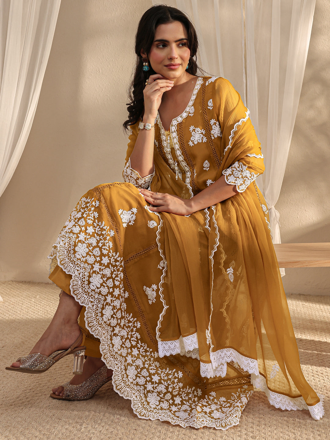 Mustard Floral Embroidered Chiffon Anarkali Suit Set With Dupatta