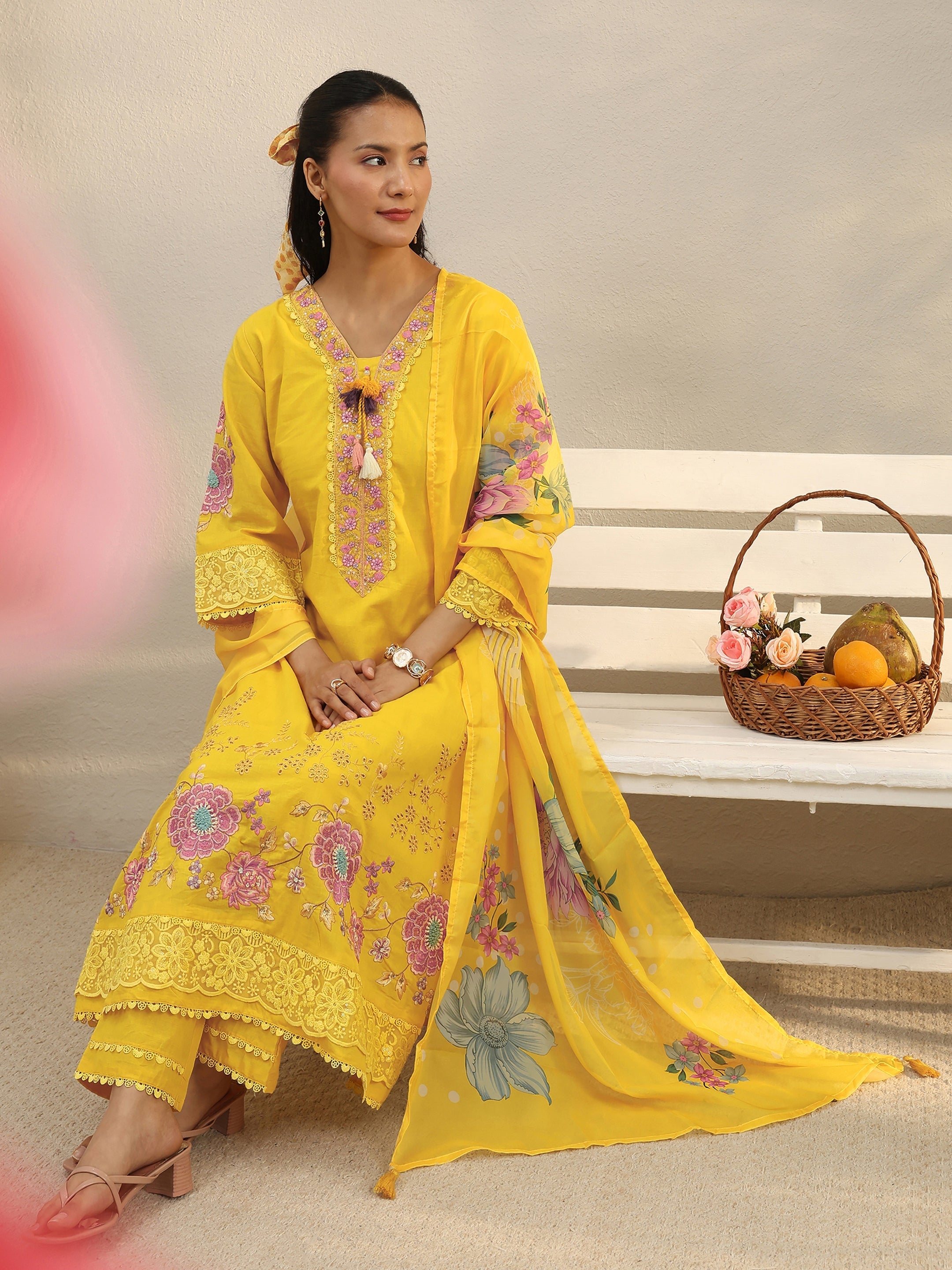 libas Mustard Floral Embroidered Cotton Blend A-Line Suit Set-picture-31