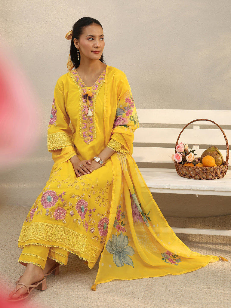 Libas Mustard Floral Embroidered Cotton Blend A-Line Suit Set