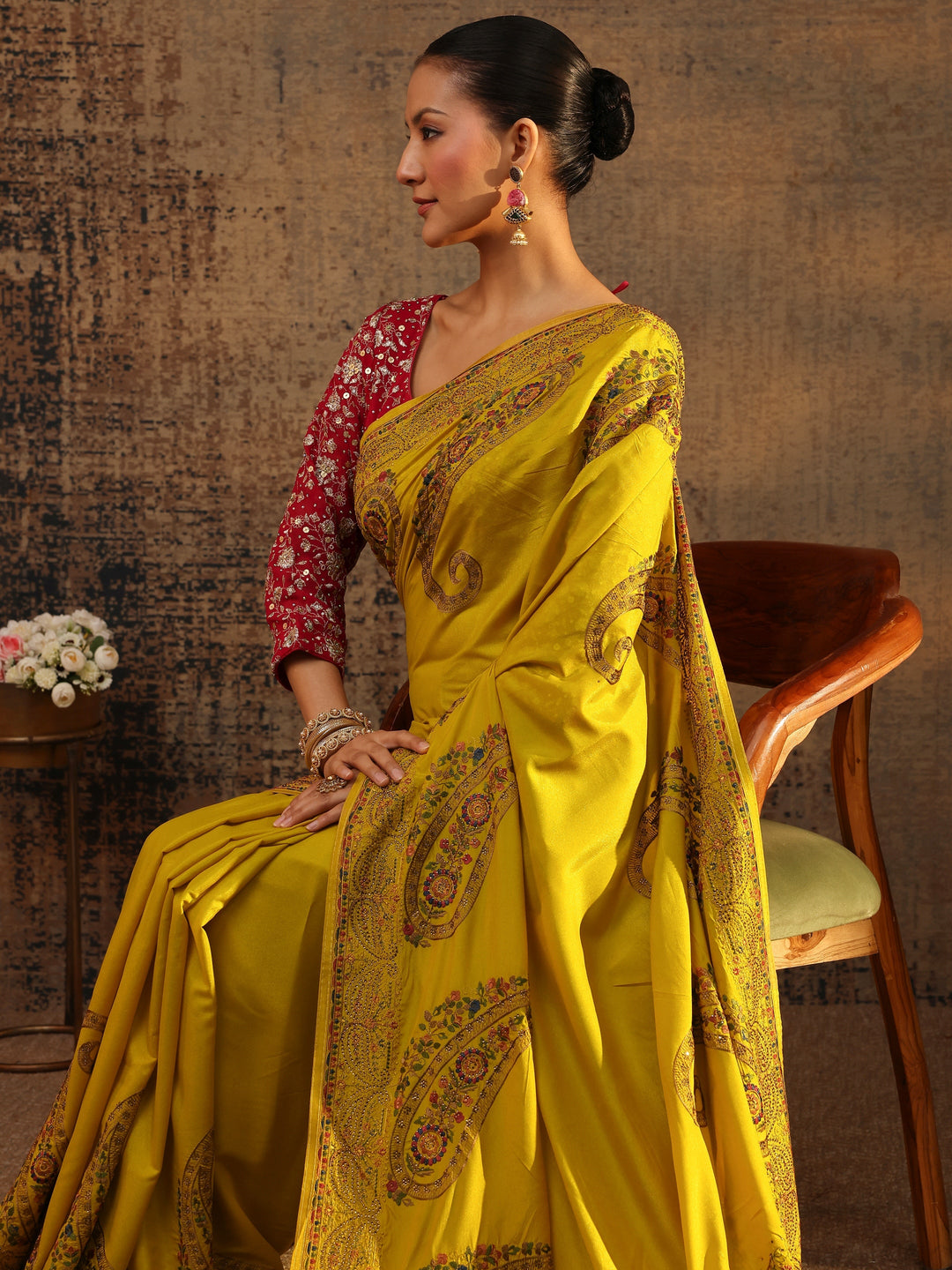 Mustard Floral Embroidered Satin Saree With Unstitched Blouse Piece