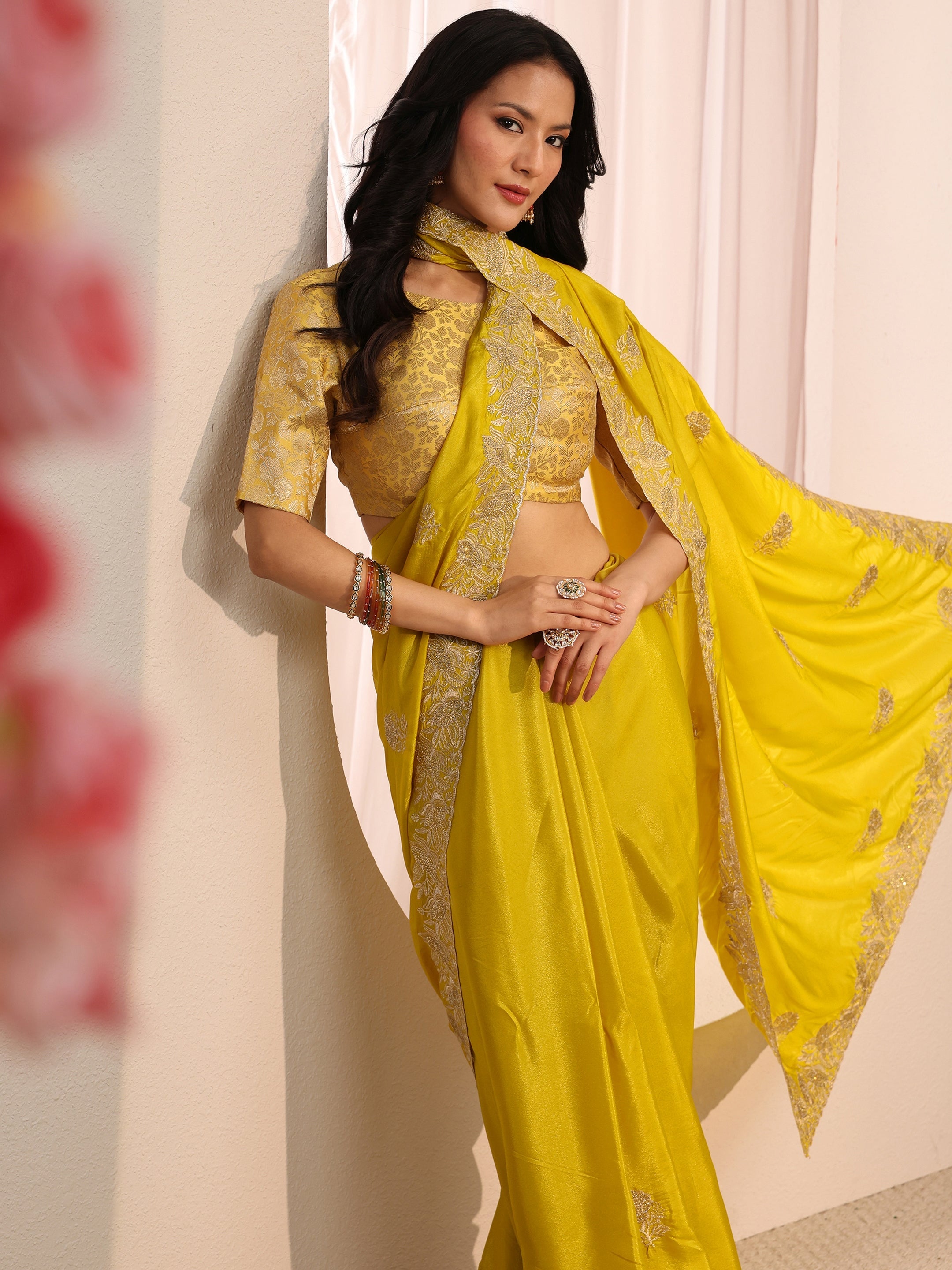 libas Mustard Floral Embroidered Satin Saree With Unstitched Blouse Piece-picture-30