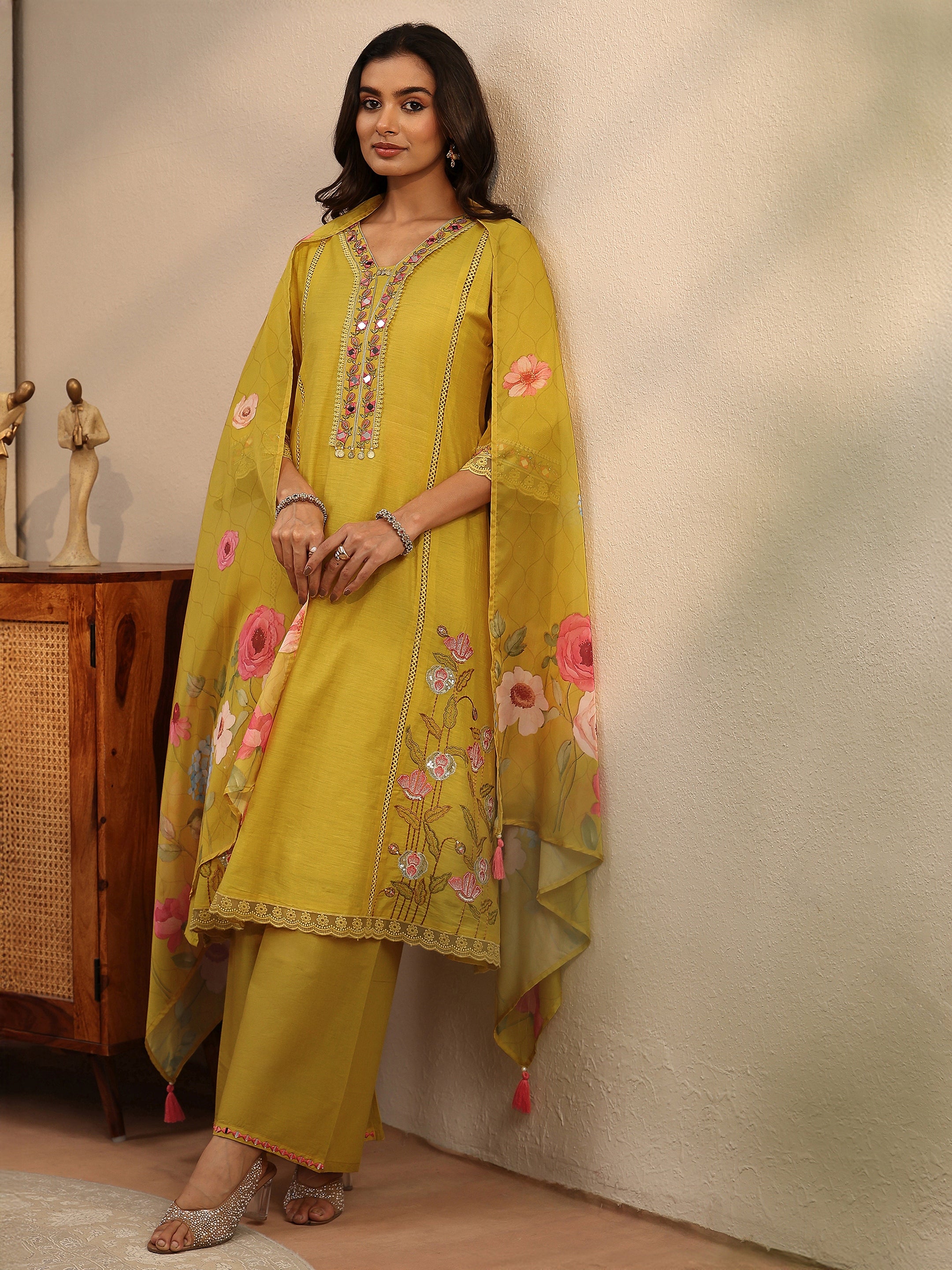 libas Mustard Floral Embroidered Silk Blend A-Line Suit Set-picture-67