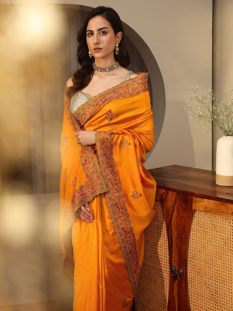 Libas Mustard Floral Embroidered Silk Blend Saree