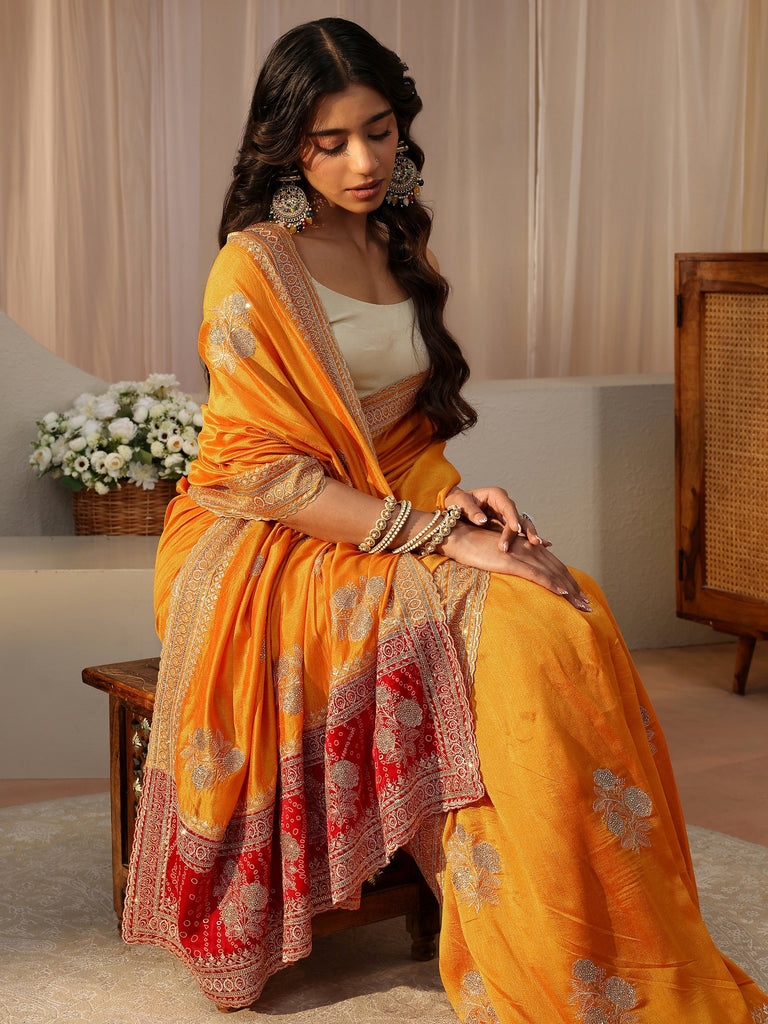 Libas Mustard Floral Embroidered Silk Blend Saree