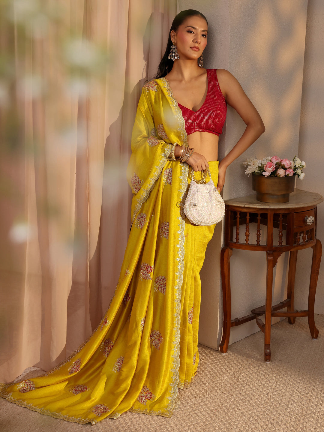  Mustard Floral Embroidered Silk Blend Saree With Unstitched Blouse Piece 