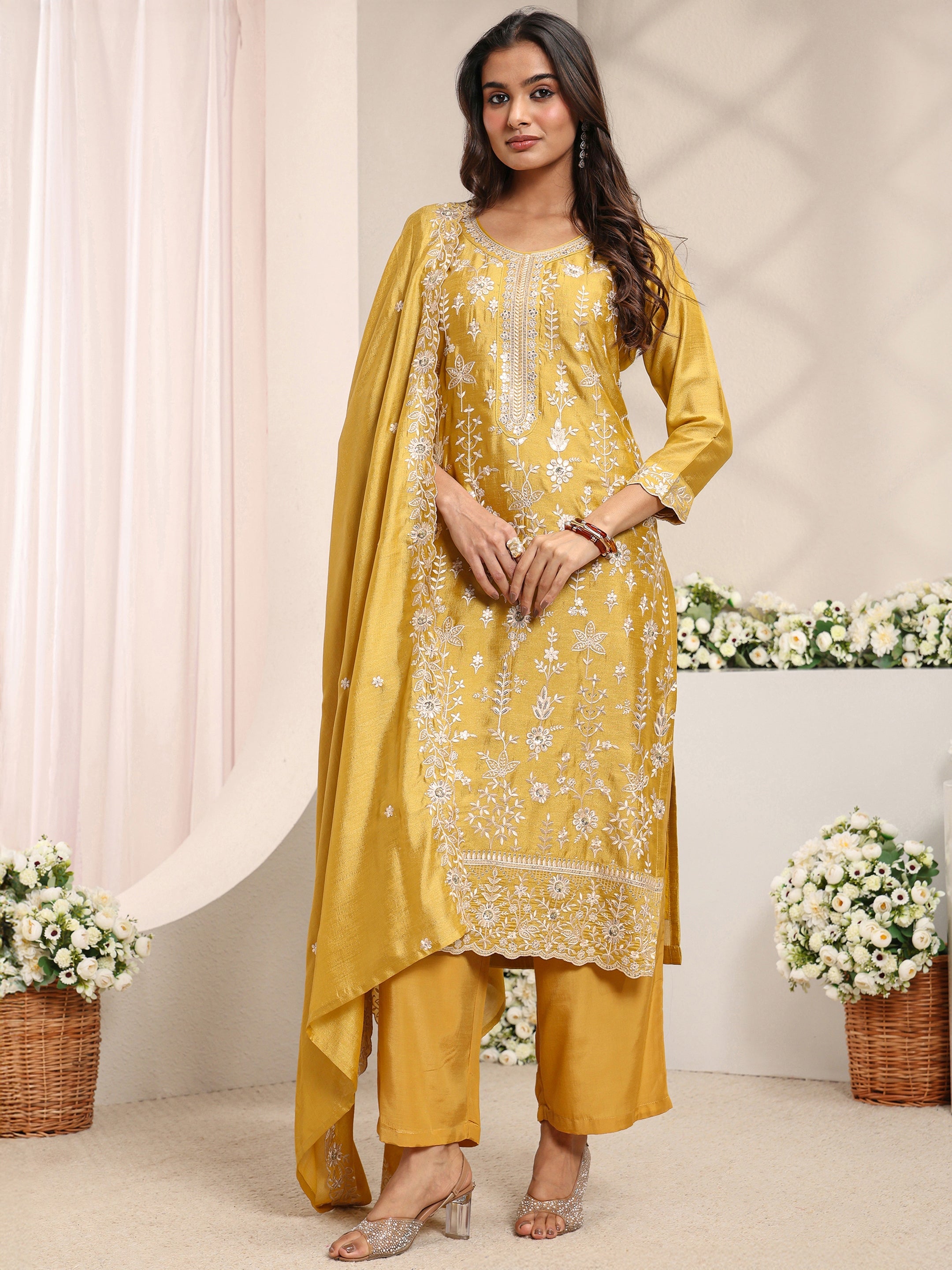 libas Mustard Floral Embroidered Silk Blend Straight Suit Set With Dupatta-picture-37