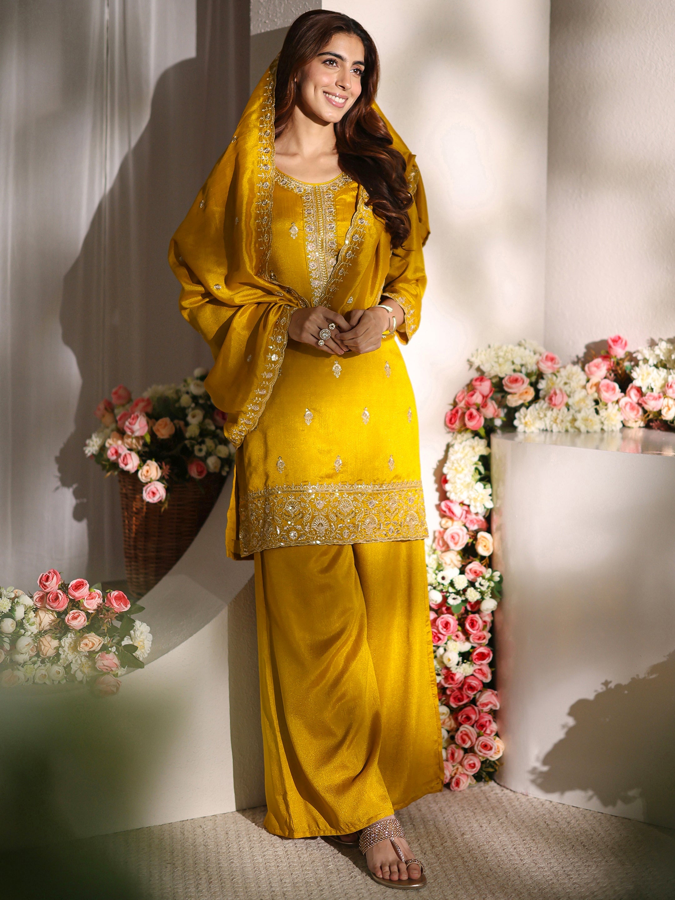 Libas Mustard Floral Embroidered Silk Blend Straight Suit Set With Dupatta-picture-37