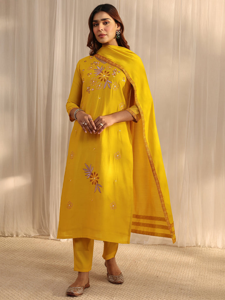 Libas Mustard Floral Embroidered Silk Blend Straight Suit Set With Dupatta