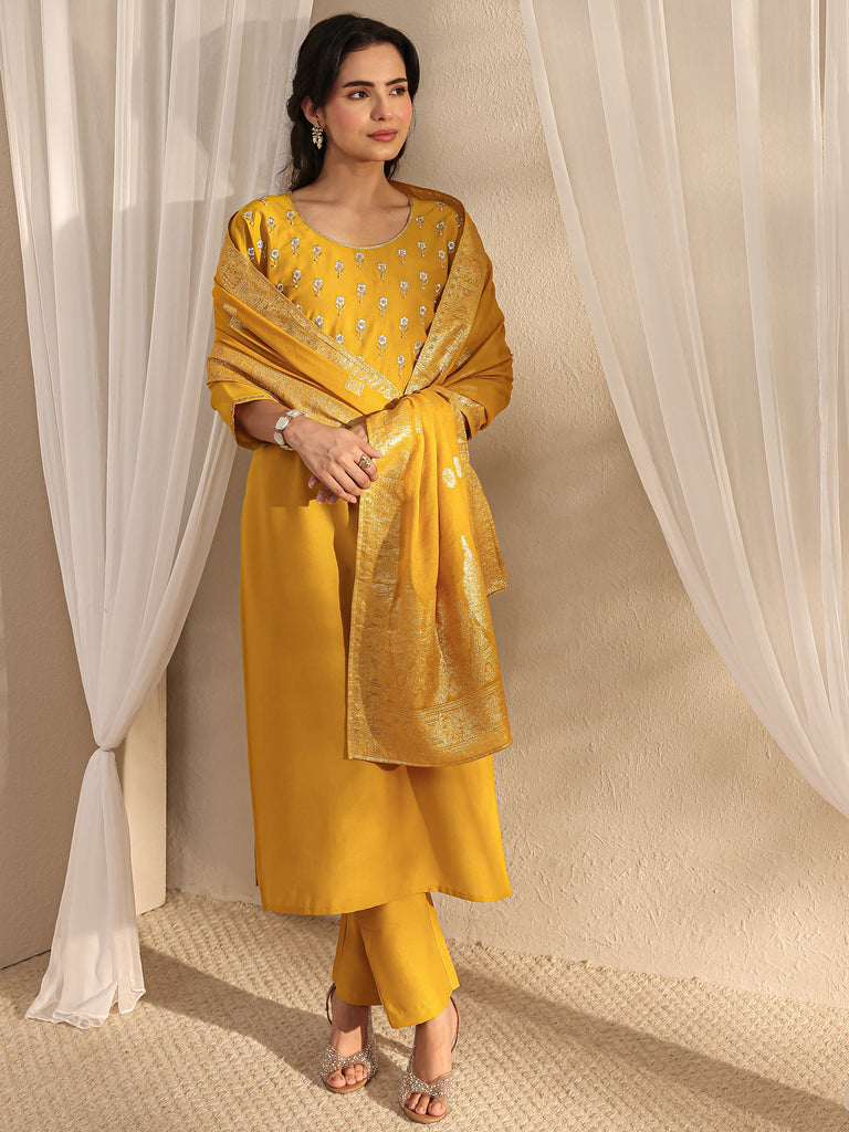 Libas Mustard Floral Embroidered Silk Blend Straight Suit Set With Dupatta