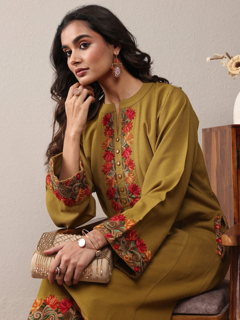 Libas Mustard Floral Embroidered Wool Straight Kurta