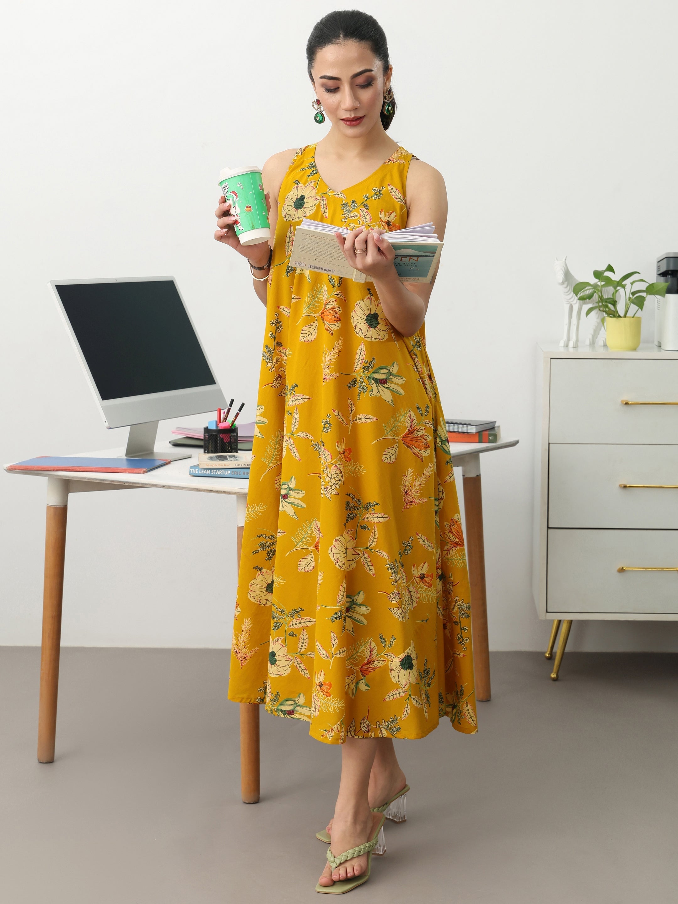 libas Mustard Floral Printed Cotton A-Line Sleeveless One Piece Dress-picture-31