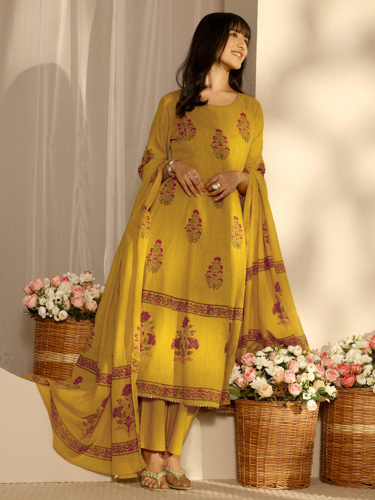 Libas Mustard Floral Printed Cotton Anarkali Suit Set With Dupatta